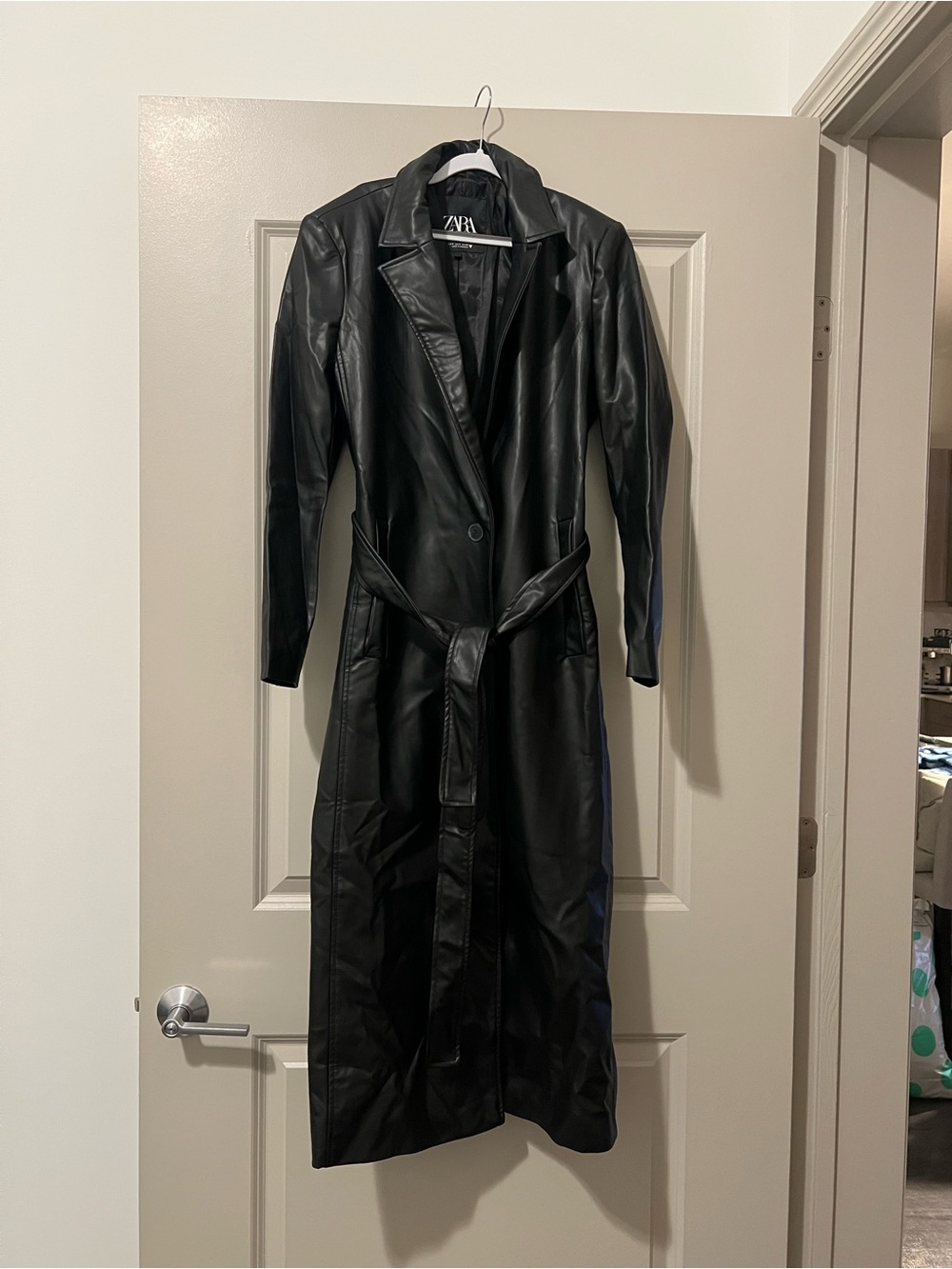 Zara Black Faux Leather Trench Coat with Tie Belt